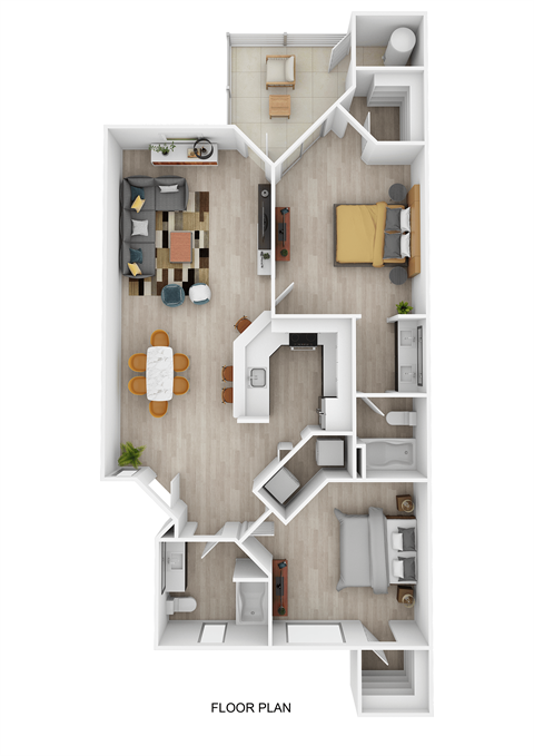 A floor plan of a house with a kitchen, living room, and two bedrooms.